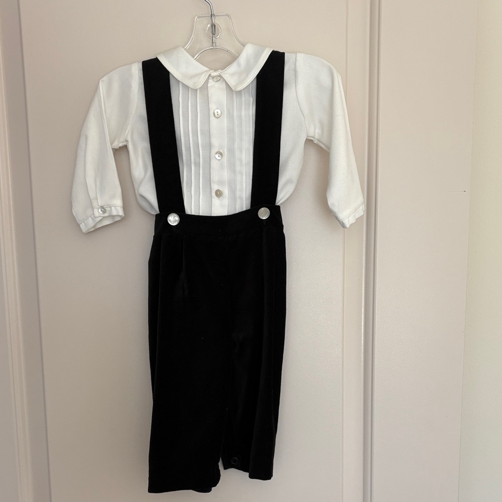 Infant dress-up black velvet snap bottom romper with shirt and shell buttons